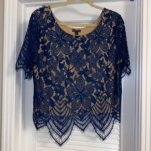 Blue and nude lace overlay top